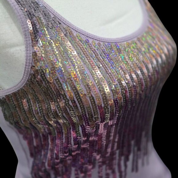 Express Purple Sequin Tank Top S – Scoop Neck Ribbed Stretch NWOT Twilight Glam - Picture 4 of 9